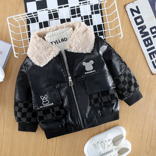 潮 夹克男孩PU皮宝宝夹克冬款 男童加绒皮衣外套2025新款 儿童秋冬装
