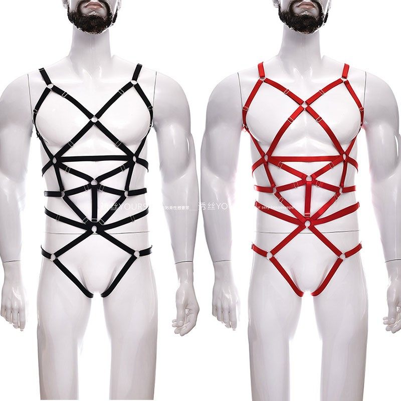 肌肉猛男大码性感绑带三点式镂空捆绑线束内衣夜店高弹狂野连体套