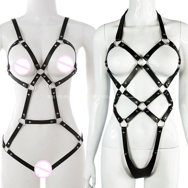 大胸紧勒情趣皮革PU连体卡裆露背连体衣高叉身体链拘束衣性感穿戴