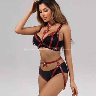 深红色皮革拘束女士内衣套装外穿酒吧蹦迪夜场DJ表演分体捆绑文胸