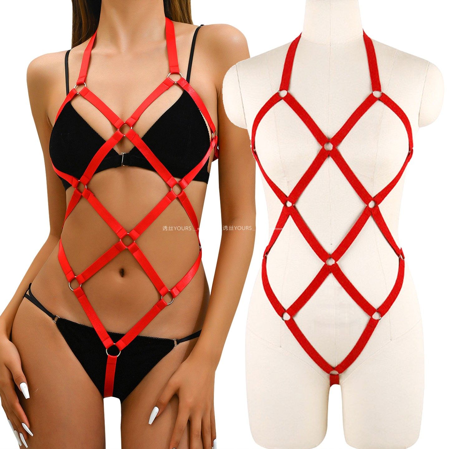方网格线条交叉镂空连体绳线束缚内衣紧身高弹露背捆露胸大码情趣