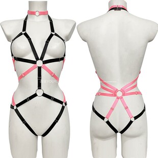 黑粉拼色连体弹力肩带绳衣欧美老外夜店制服铁环情趣绑带线束露胸