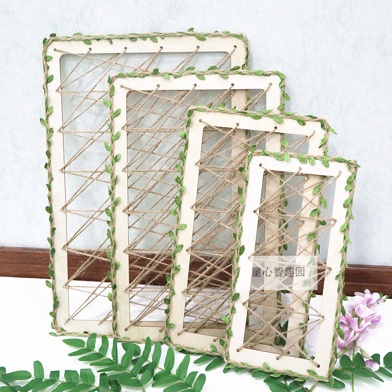 幼儿园田园风手工环创装饰吊饰森系创意绿叶麻绳网格木板作品框架