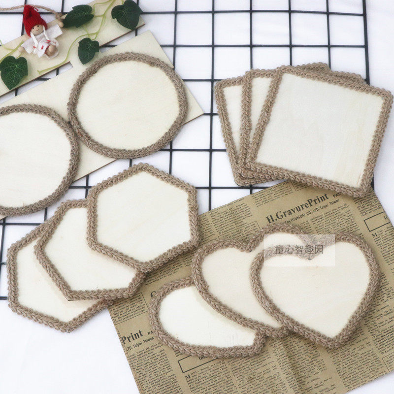 幼儿园装饰森系环创材料 手工diy进区卡牌圆形方形木片板麻绳组合