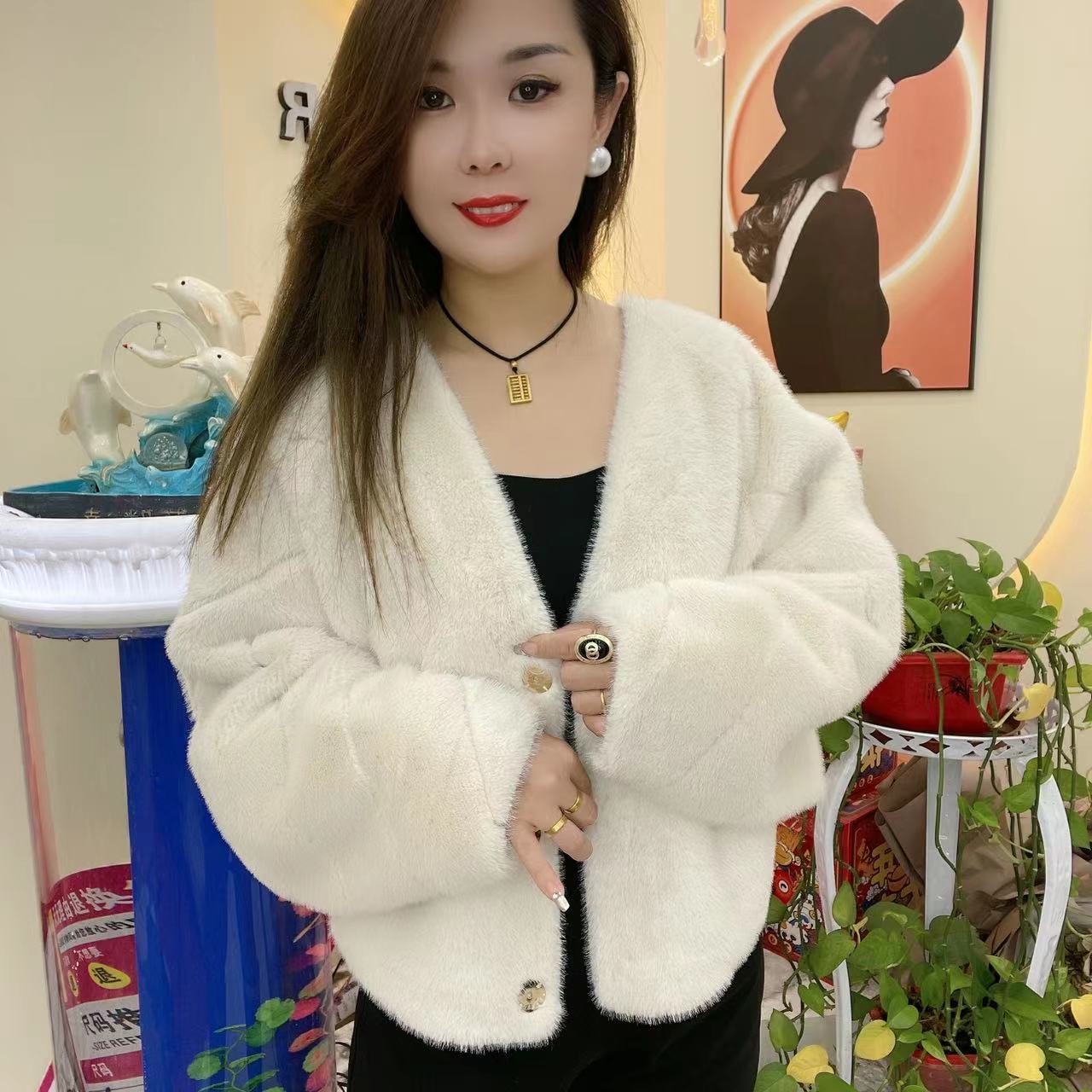 秋冬款皮毛一体金貂绒女韩版落肩皮草