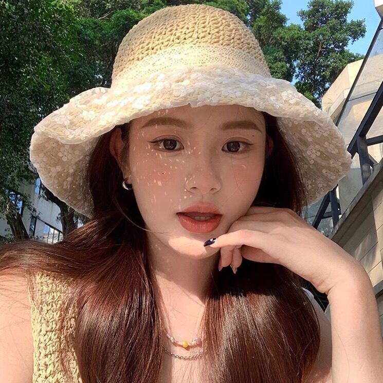 草帽女新款日系小清新蕾丝草编帽子夏季出游防晒帽大檐沙滩遮阳帽