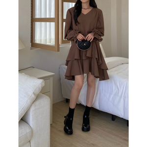 尺寸已更新 韩国chic 法式V领不规则连衣裙