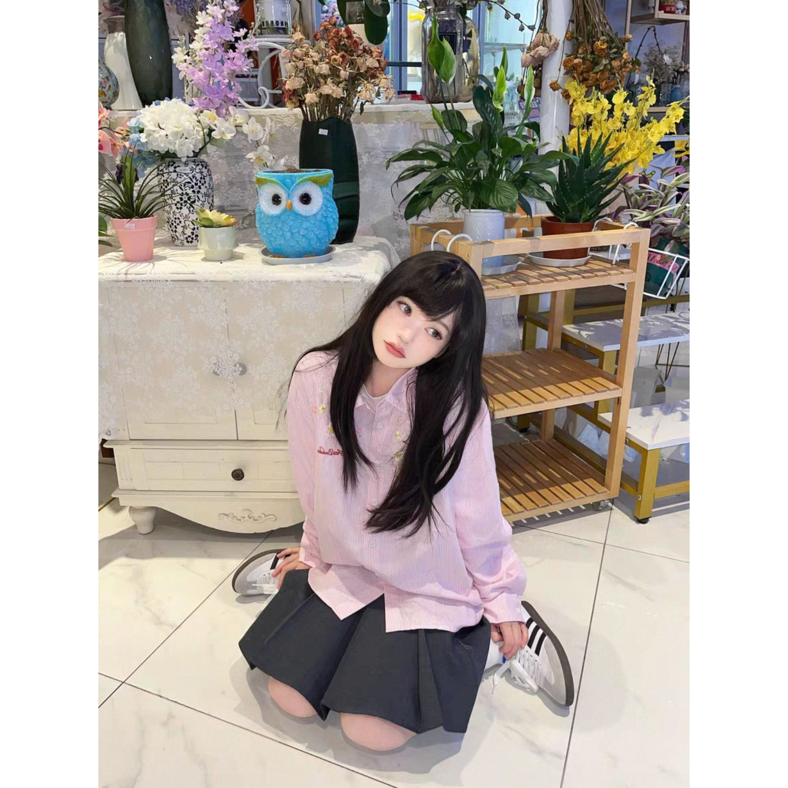 原版面料刺绣条纹衬衫女叠穿遮肉宽松百搭衬衣外搭防晒开衫ins潮