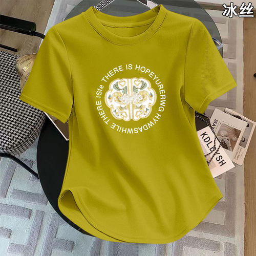 纯欲风辣妹修身显瘦冰丝短袖T恤女夏季设计感圆弧下摆不规则上衣