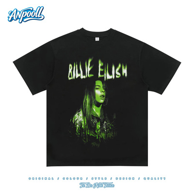 碧梨Billie Eilish复古直喷印花透气美式重磅纯棉短袖T恤男女宽松