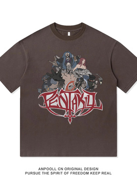 五杀摇滚乐队英雄联盟LOL拳头周边复古印花美式重磅纯棉短袖T恤男