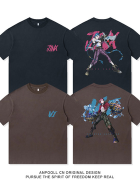 双城之战英雄联盟LOL金克斯爆爆V拳头周边美式重磅纯棉短袖T恤男