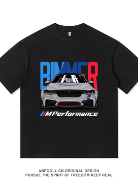 宝马MPOWER改装文化德系印花夏季纯棉短袖T恤衫男装宽松穿搭衣服