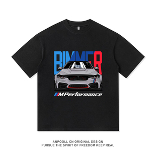 宝马MPOWER改装文化德系印花夏季纯棉短袖T恤衫男装宽松穿搭衣服