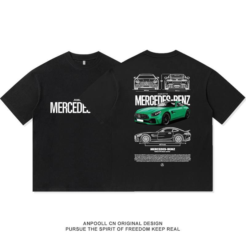 梅赛德斯奔驰AMGGTR跑车改装解构印花短袖T恤纯棉上衣服休闲男装