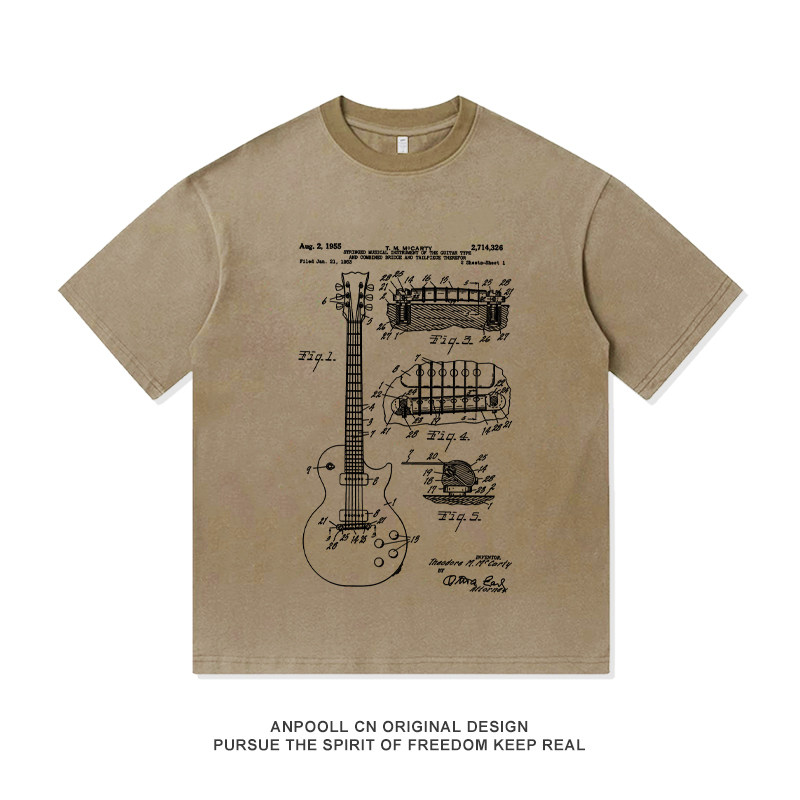 Gibson Les Paul吉他设计解构图印花纯棉短袖T恤衫上衣服男装宽松