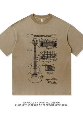 Gibson Les Paul吉他设计解构图印花纯棉短袖T恤衫上衣服男装宽松