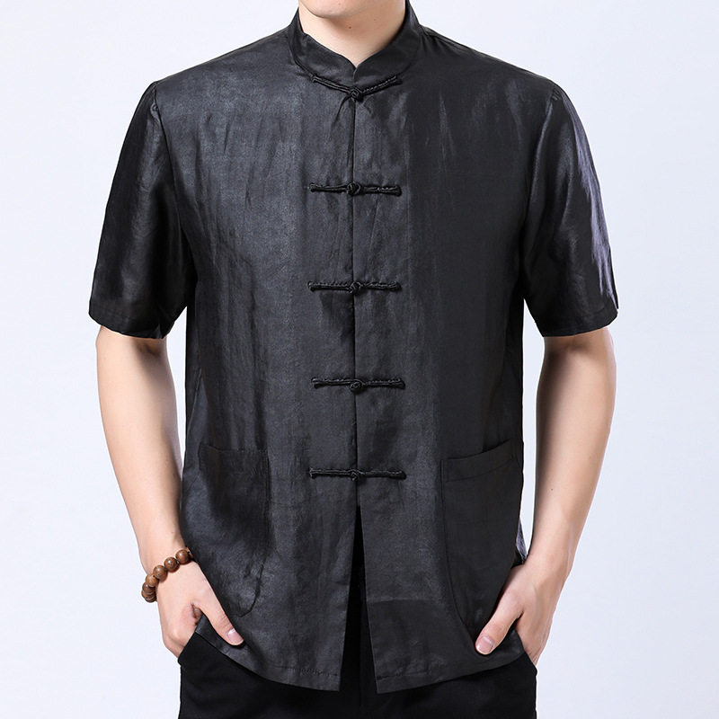 真丝香云纱男士立领桑蚕丝短袖男绸缎中式莨绸唐装龟裂纹中国风,男装,唐装,淘宝优惠券,粉丝福利购,淘宝优惠卷