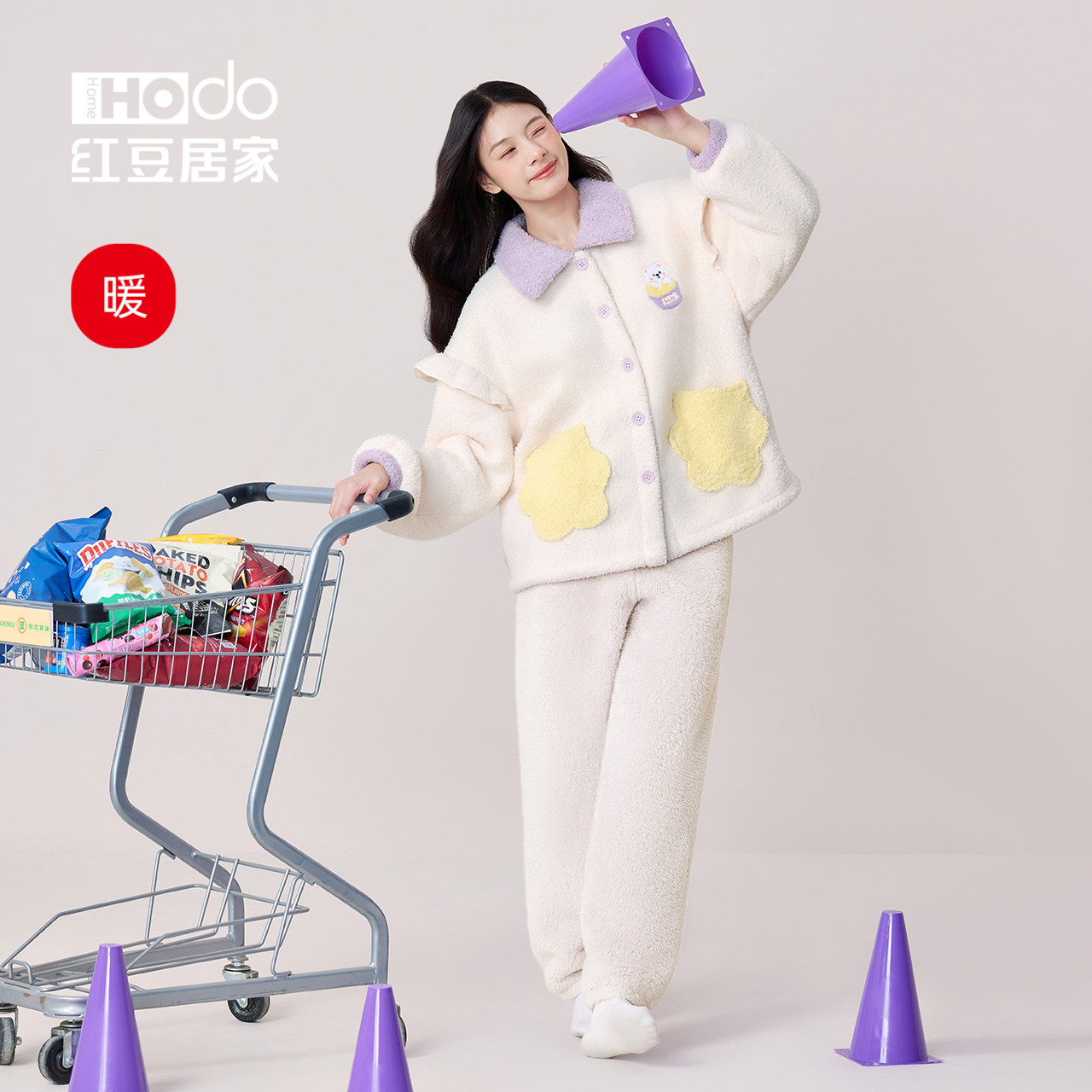 红豆女士珊瑚绒睡衣加绒加厚抗静电可外穿家居服套装2024秋冬新款