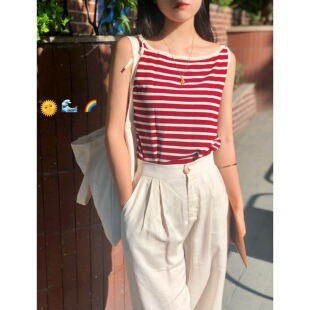 定制 经典返场 Miroment 青春单品 条纹一字领背心 清凉亚麻质感