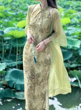 橘里丨绿色清冷旗袍裙女年轻款仙女中国风削肩修身改良雪纺连衣裙
