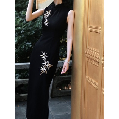 新中式金色竹子改良旗袍裙刺绣