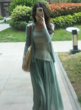 橘里CHIU莫兰迪绿色清冷感新中式上衣女设计感开衫禅意套装半身裙