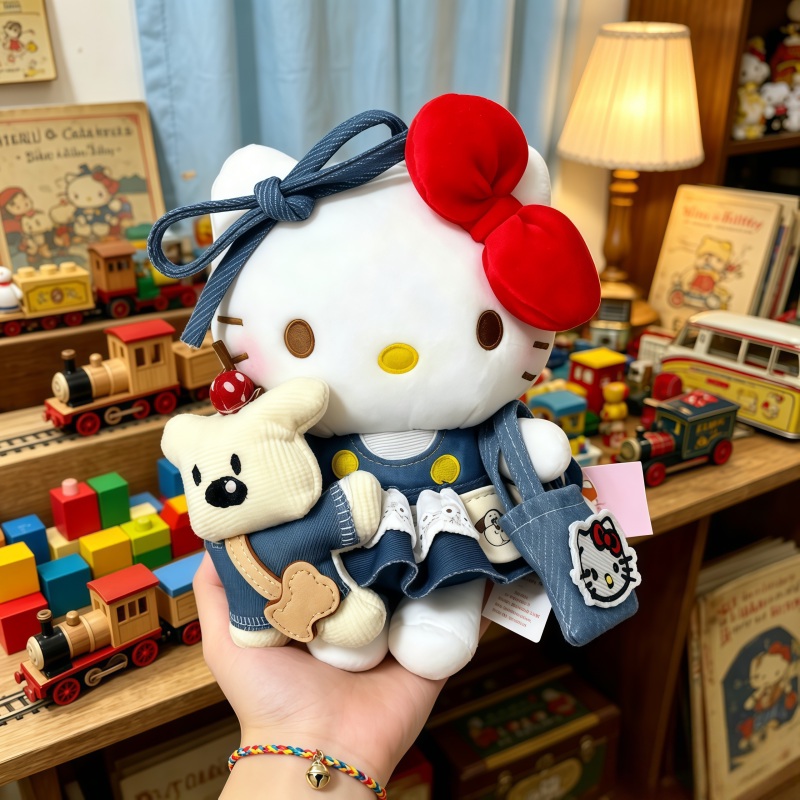 正版HelloKitty牛仔小妹毛绒玩偶三丽鸥钥匙扣kt猫礼品包包挂件