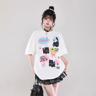 220克纯棉美式 甜妹宽松圆领上衣 可爱小猫印花短袖 t恤女夏季