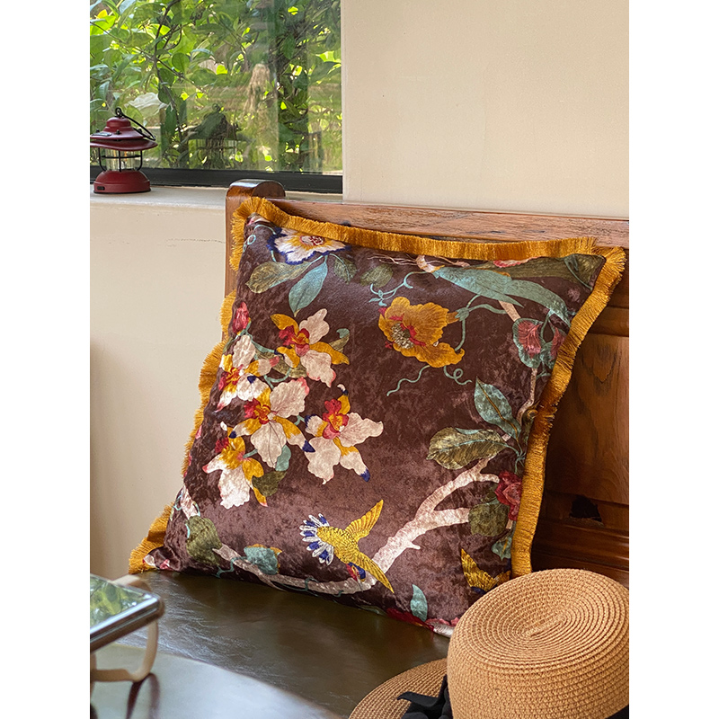 杭庄家居 新中式花卉丝绒印花抱枕国潮风复古古风法式沙发靠垫