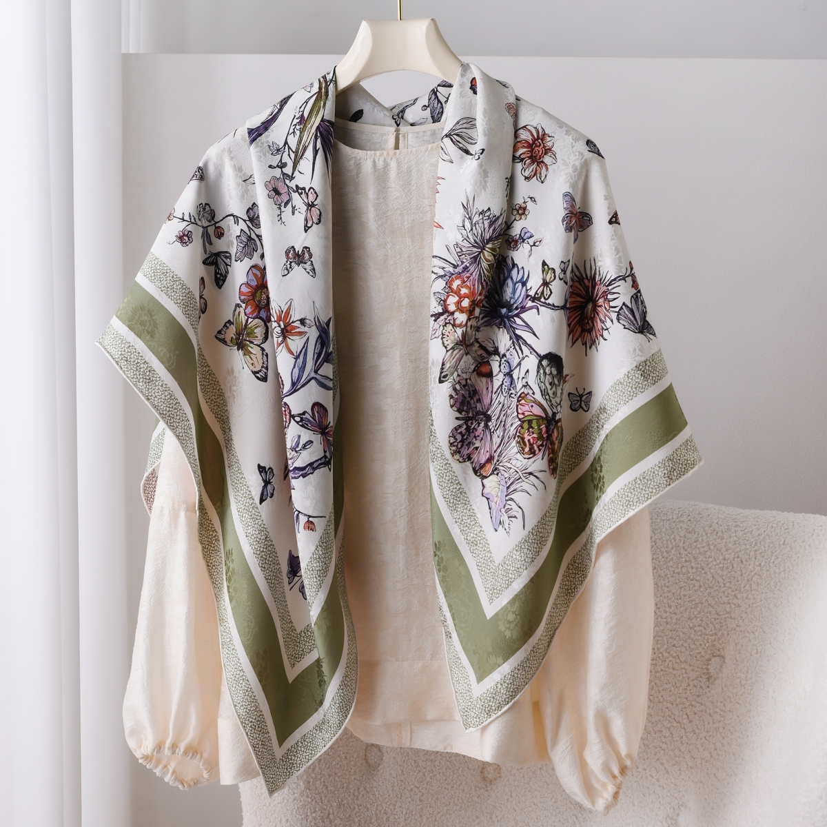 蝴蝶飞飞 双面异色花萝真丝大方巾丝巾桑蚕丝围巾披肩教师节送礼