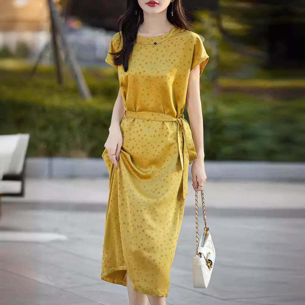 桑蚕丝裙子高级感圆领腰带醋酸缎女高端波点通勤法式连衣裙夏季