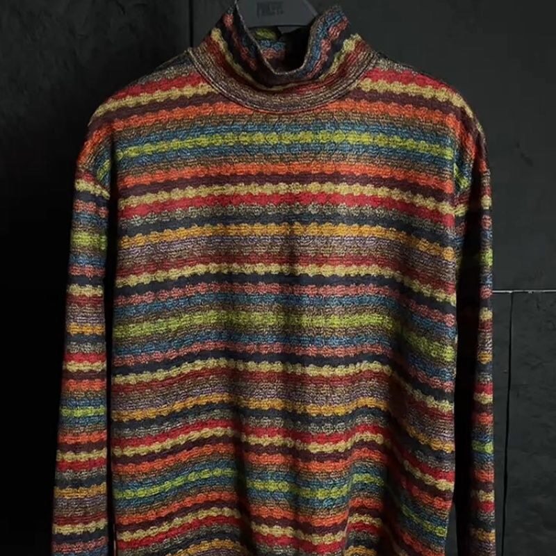 2026新款复古条纹撞色高领T恤男士秋冬潮流印花长袖百搭打底上衣,男装,T恤,淘宝优惠券,粉丝福利购,淘宝优惠卷