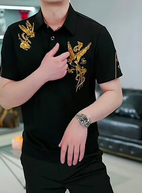 民族风帅气夏季金凤呈祥刺绣百搭男士短袖翻领时尚透气修身POLO衫