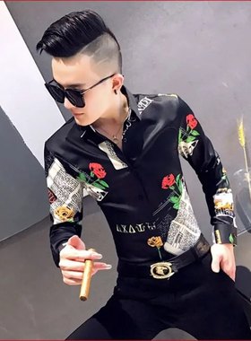 网红拼接印花衬衫男长袖修身帅气发型师寸衣精神社会夜店潮男服装