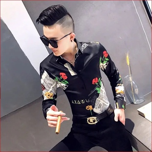 网红拼接印花衬衫男长袖修身帅气发型师寸衣精神社会夜店潮男服装