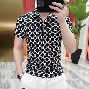 欧货潮流翻领拉链T恤男时尚 polo衫 修身 痞帅短袖 百搭印花个性 夏季