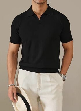 老钱绅士海鸥领黑色polo衫男款2026百搭商务高级感莫代尔短袖T恤