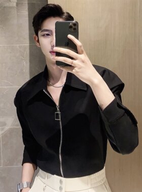 高品质潮流衬衫小众设计拉链外套男士春秋上衣百搭发型师长袖小衫