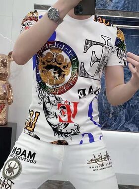 2026年夏季新款个性潮牌ins时尚字母印花短袖男士修身t恤丝滑潮流