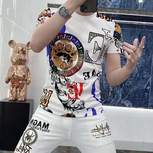 2026年夏季新款个性潮牌ins时尚字母印花短袖男士修身t恤丝滑潮流