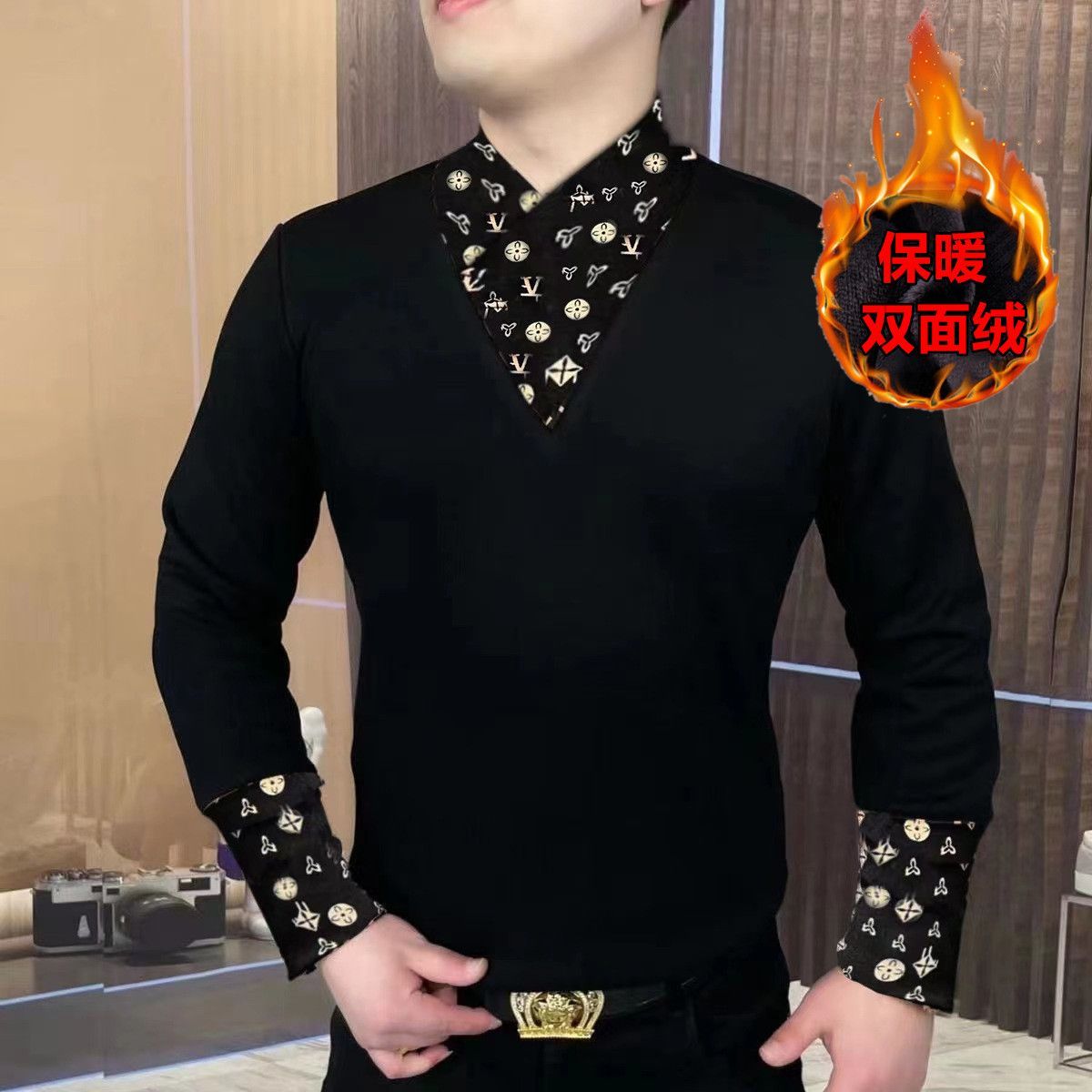 欧货轻奢男士秋冬时尚潮流加绒保暖假两件卫衣修身百搭休闲打底衫