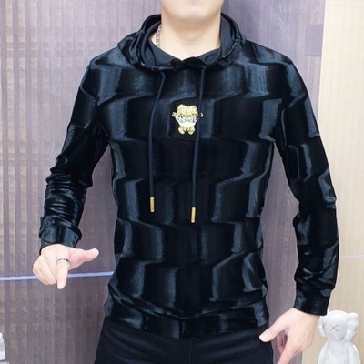 春秋季气质提花男士新款上衣轻奢百搭修身时尚长袖金丝绒连帽卫衣