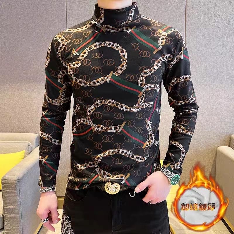 秋冬季德绒打底衫卫衣男士长袖t恤印花上衣半高领轻奢外穿个性