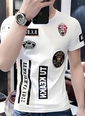 欧洲站夏季潮牌男士短袖t恤修身欧货潮流时尚半袖上衣衫印花男装