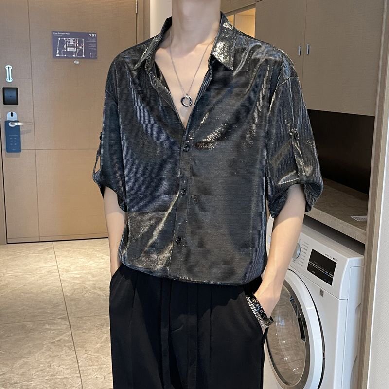 夏季高级感痞帅短袖衬衫男2026新款简约夜场垂感宽松七分袖衬衣男