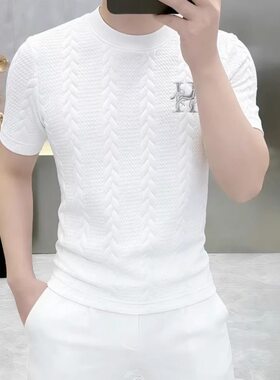 2026夏季新款男士短袖t恤韩版时尚休闲修身提花圆领轻奢百搭体恤