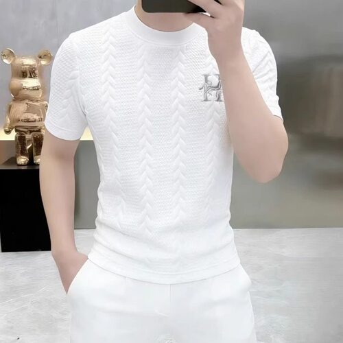 2026夏季新款男士短袖t恤韩版时尚休闲修身提花圆领轻奢百搭体恤