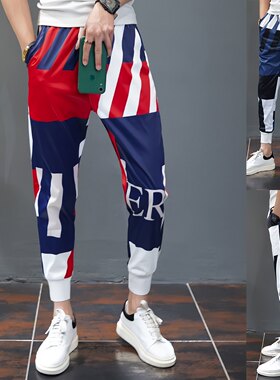 欧洲站春秋薄款男士运动休闲裤韩版修身拼色男装小脚潮九分裤冬季