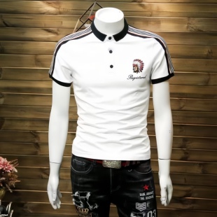 欧洲站翻领polo衫 带领短袖 男士 条纹撞色欧货上衣男装 T恤 修身 韩版